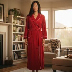 Vintage Red Velour Bathrobe with White Piping Classic Wrap Style Robe Small